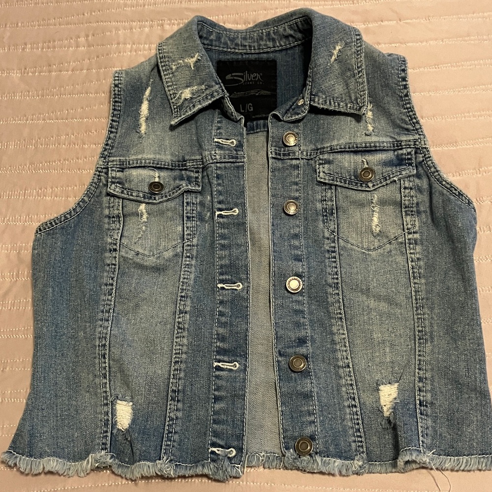 Silver Distressed Denim Vest Large